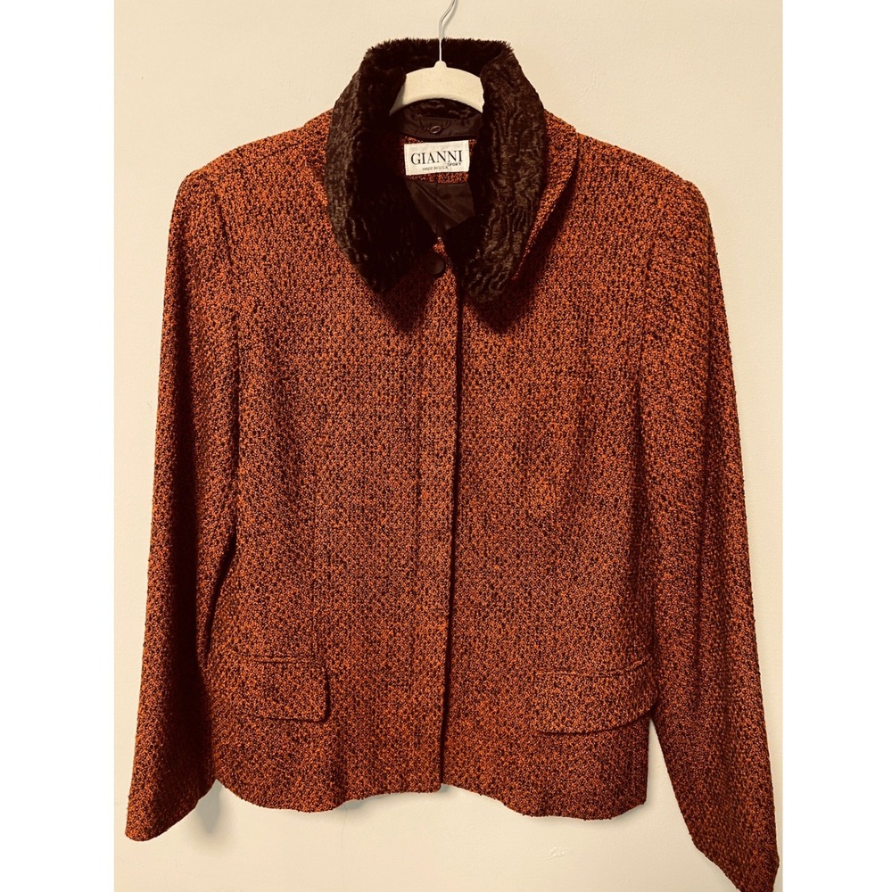Gianni Sport Blazer Womens 12 Burnt Orange Vintage Faux Fur Collar Tweed
